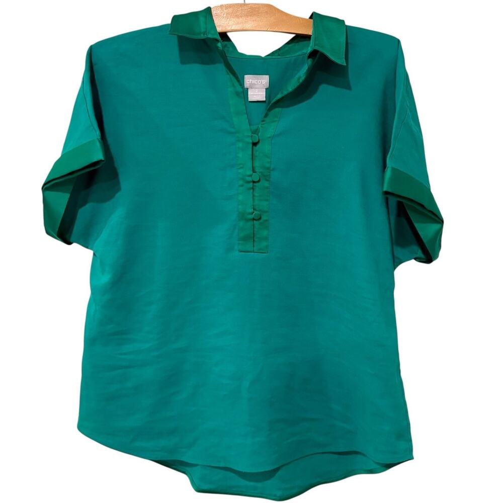 Chico's | Top Green Short Sleeve Linen Pullover Casual Beach- Size 12 14 Large 2